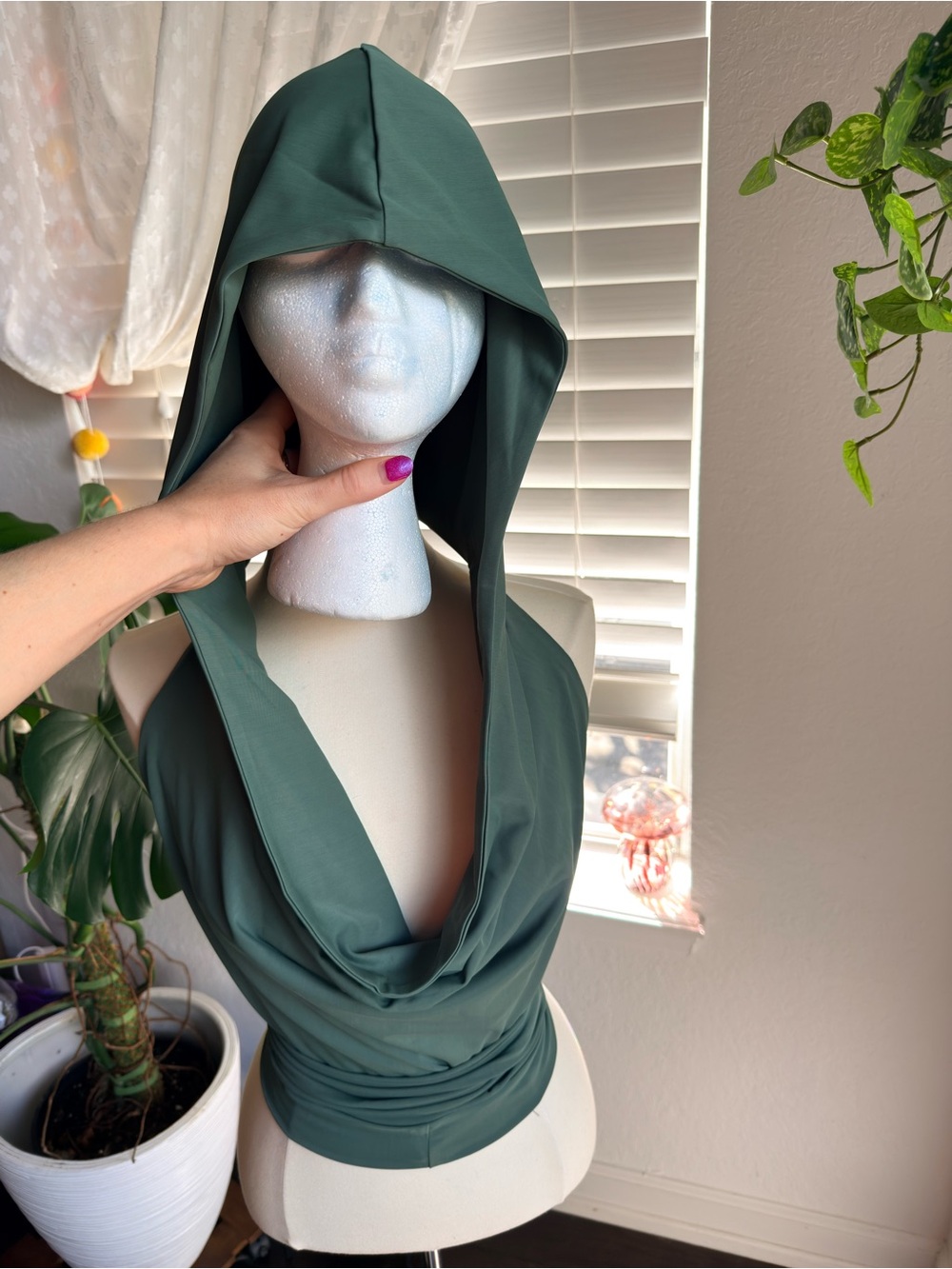 Hooded Cowl Neck Sleeveless Dress in Deep Green